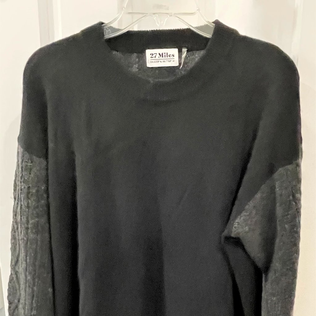 27 Miles Cashmere Black Sweater With Gray Cable Knit Sleeves, Large